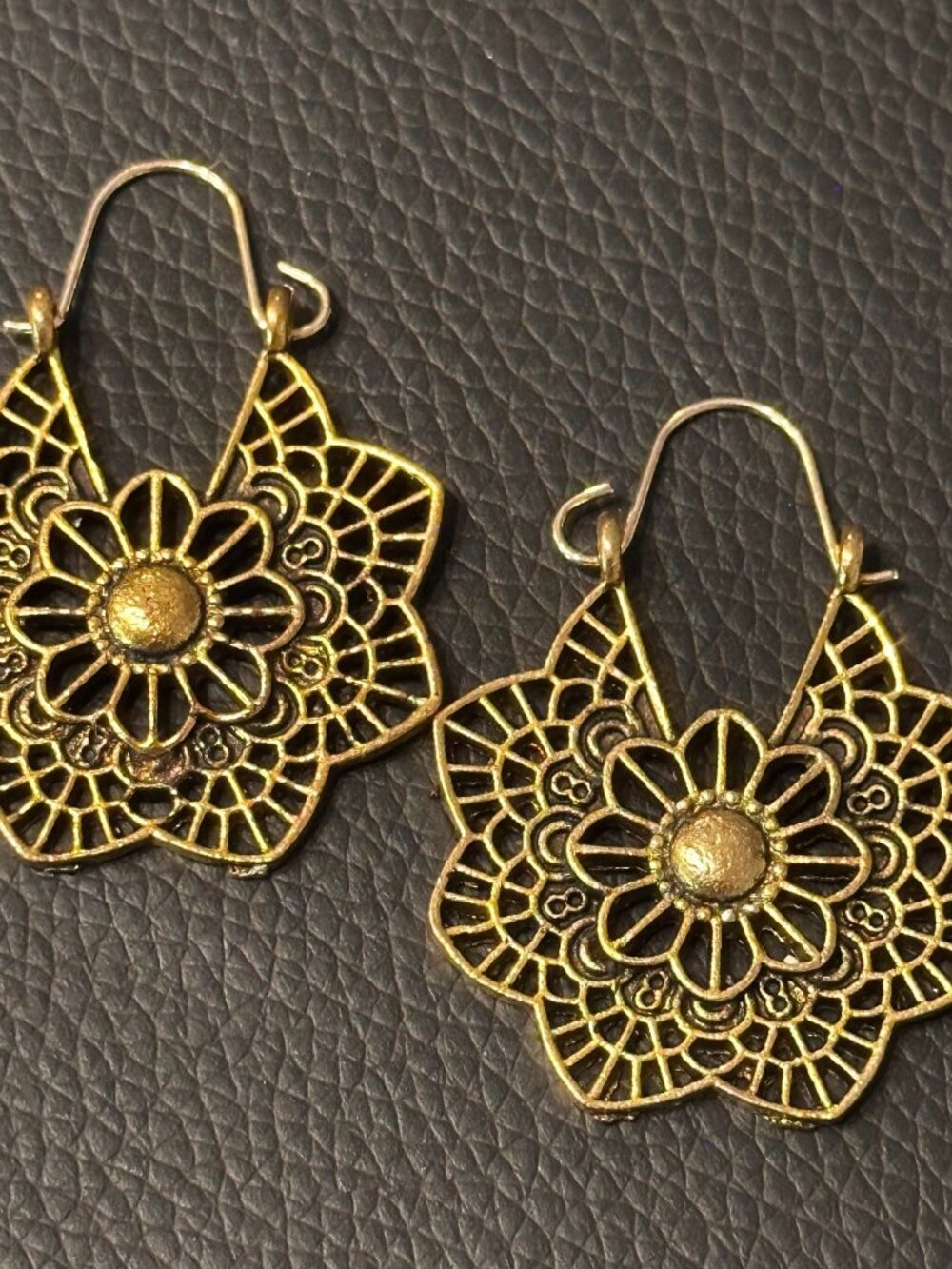 3/$30 Gold Lotus Flower Mandala Dangle Hoop Earrings Bohemian Gypsy Tribal